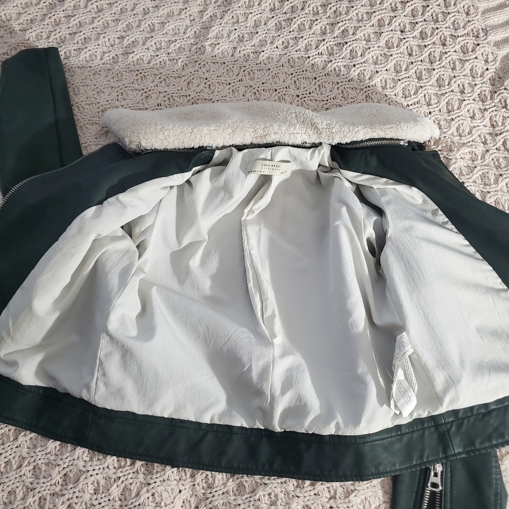 Green Shearling Aviator Collar Versatile Moto Jacket - Picture 3 of 16